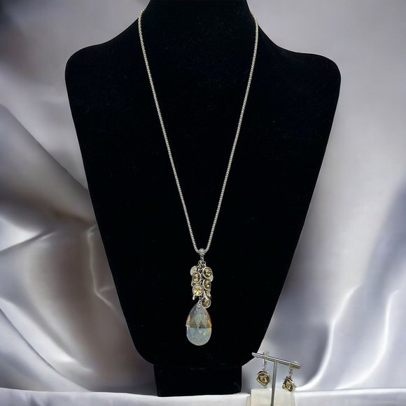 Teardrop Beaded Boutique Silver-tone Necklace Set with Pierced Dangling Earrings - Picture 1 of 6